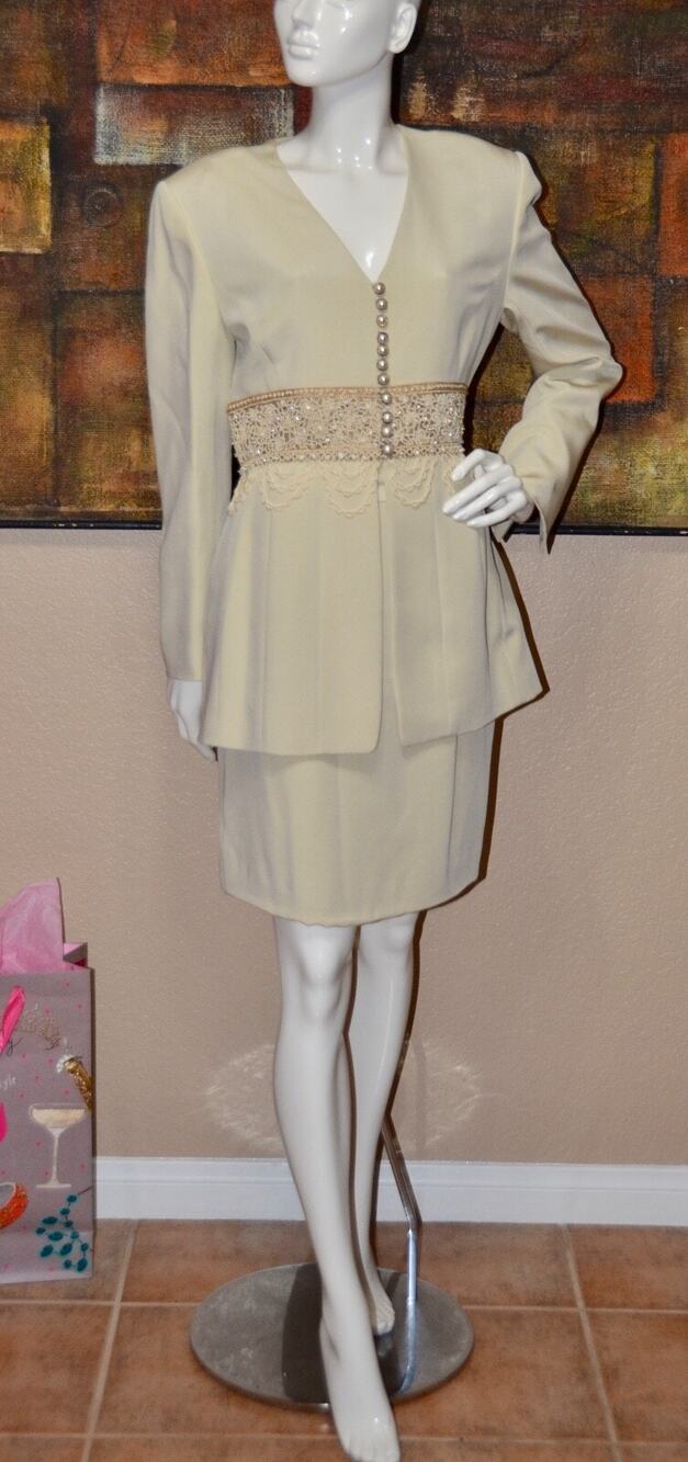 Badgley Mischka Haute Couture Peal Rhinestone Skirt & Jacket Suit Set Size 10